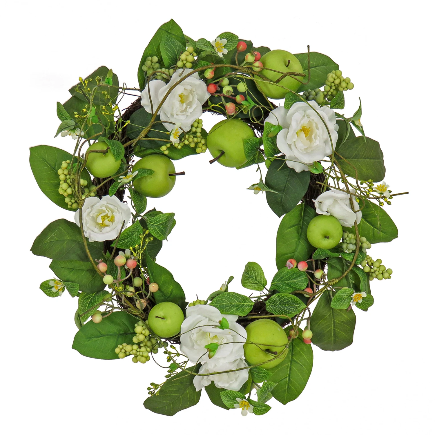 24 In. Spring Wreath With Rose Blooms, Apples, Leafy Greens 1 24 In. Spring Wreath With Rose Blooms, Apples, Leafy Greens