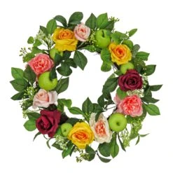22 In. Spring Wreath With Rose And Peony Blooms, Apples, Leafy Greens