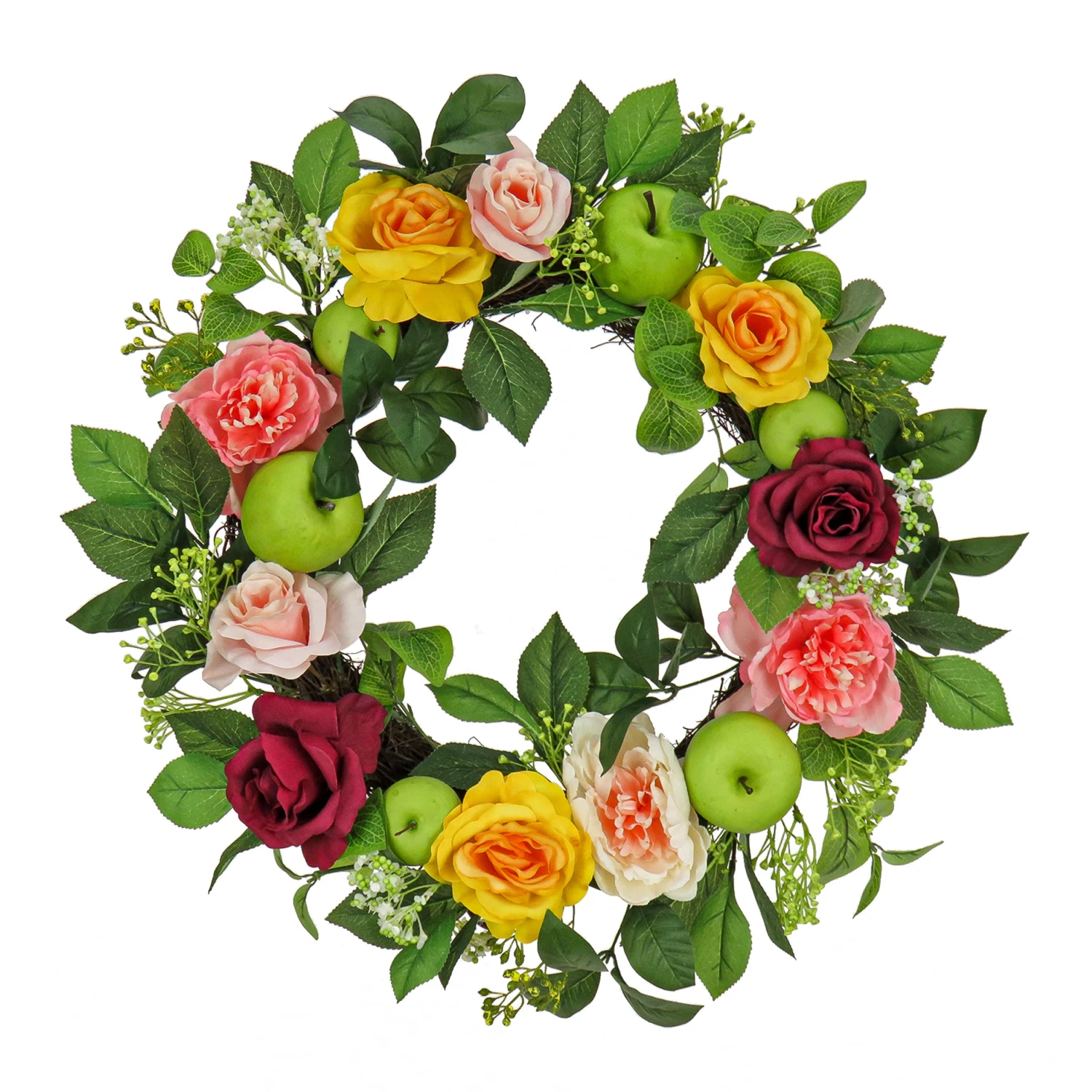 22 In. Spring Wreath With Rose And Peony Blooms, Apples, Leafy Greens 1 22 In. Spring Wreath With Rose And Peony Blooms, Apples, Leafy Greens