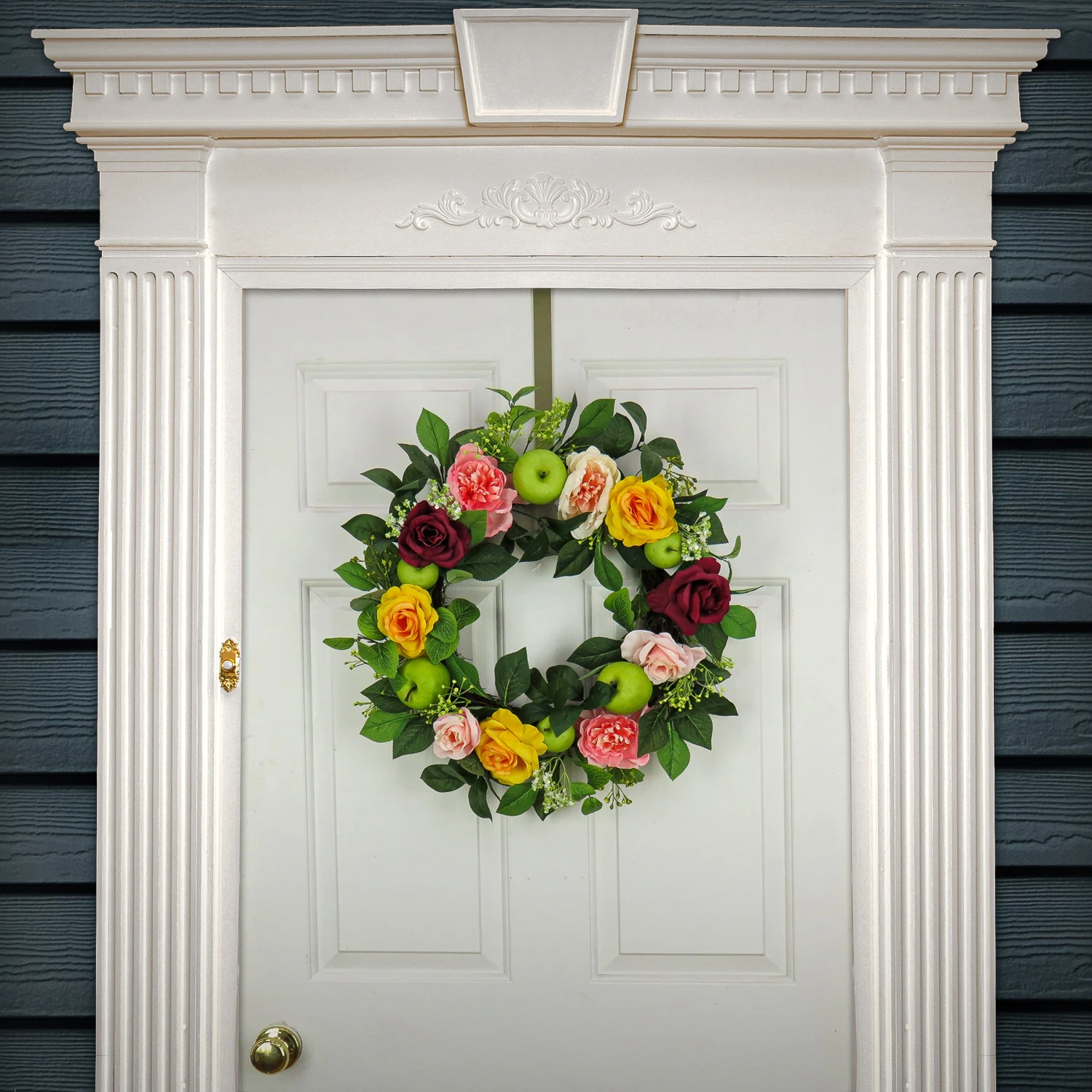 22 In. Spring Wreath With Rose And Peony Blooms, Apples, Leafy Greens 2 22 In. Spring Wreath With Rose And Peony Blooms, Apples, Leafy Greens - Image 2