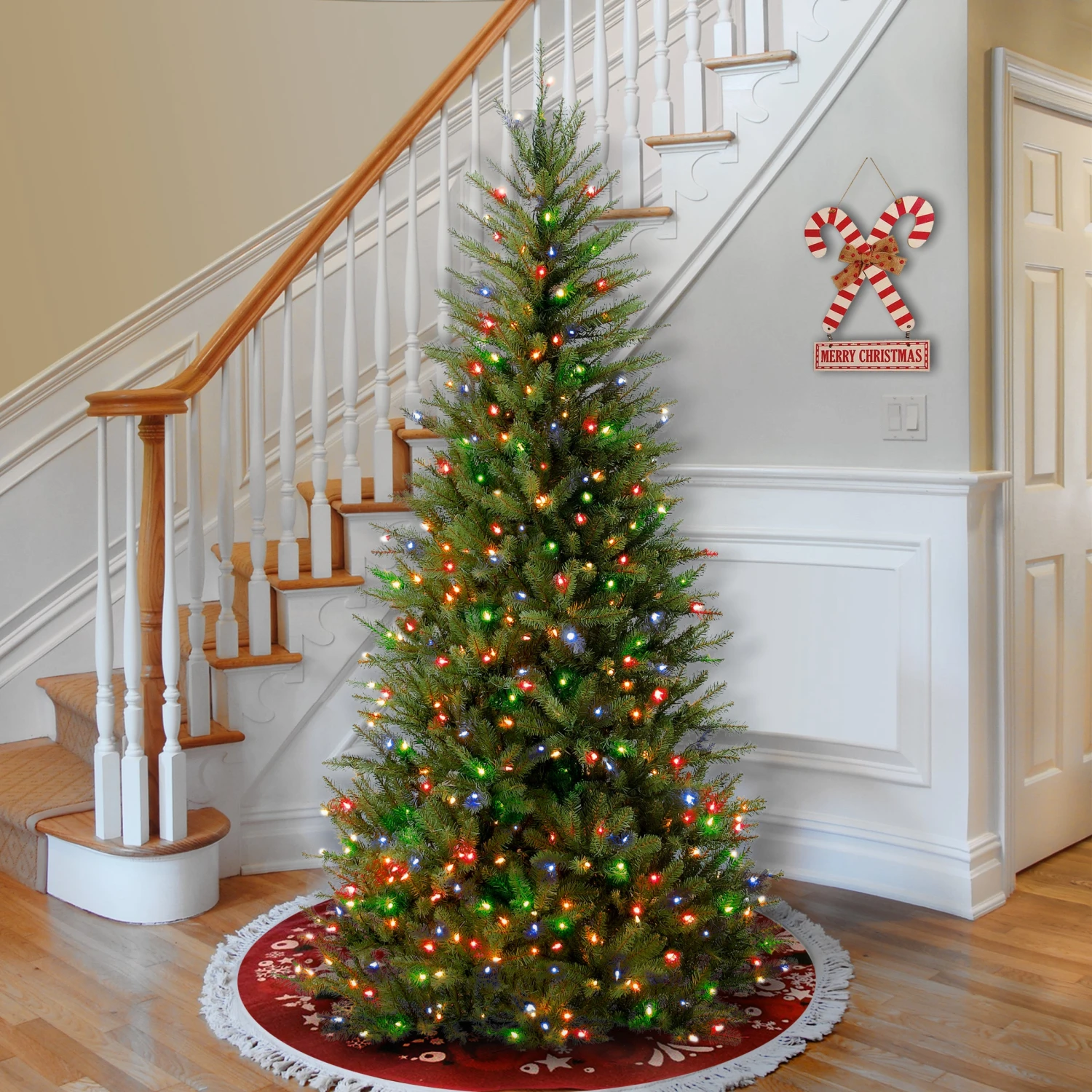 7.5 Ft. Pre-Lit Dunhill Fir Slim Tree With Multicolor Lights 2 7.5 Ft. Pre-Lit Dunhill Fir Slim Tree With Multicolor Lights - Image 2