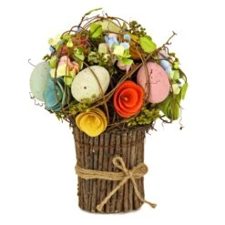 8 In. Bright Floral Bundle Decorated With Pastel Easter Eggs And Assorted Flowers