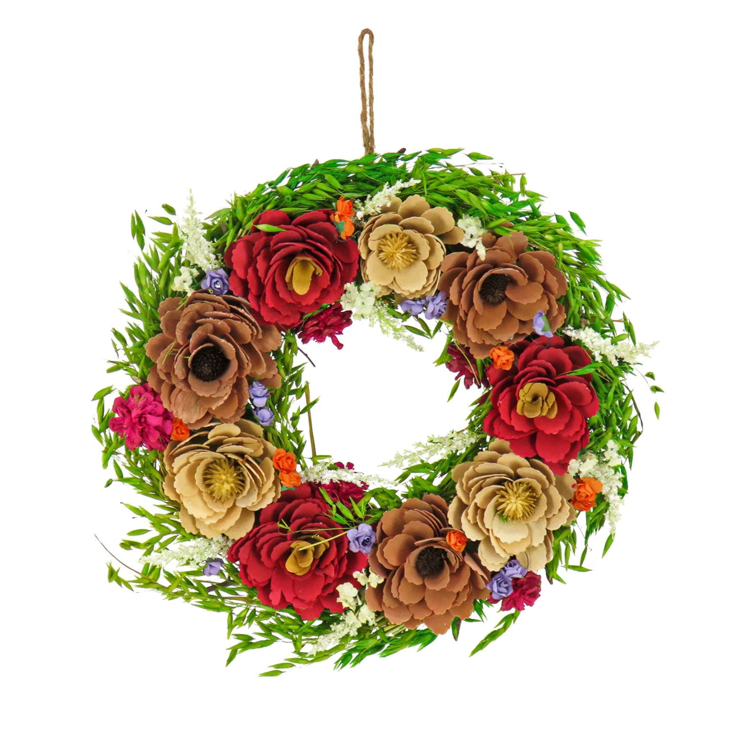 17 In. Spring Wreath With Assorted Spring Flower Blooms, Seed Pods, Flowing Green Stems 1 17 In. Spring Wreath With Assorted Spring Flower Blooms, Seed Pods, Flowing Green Stems