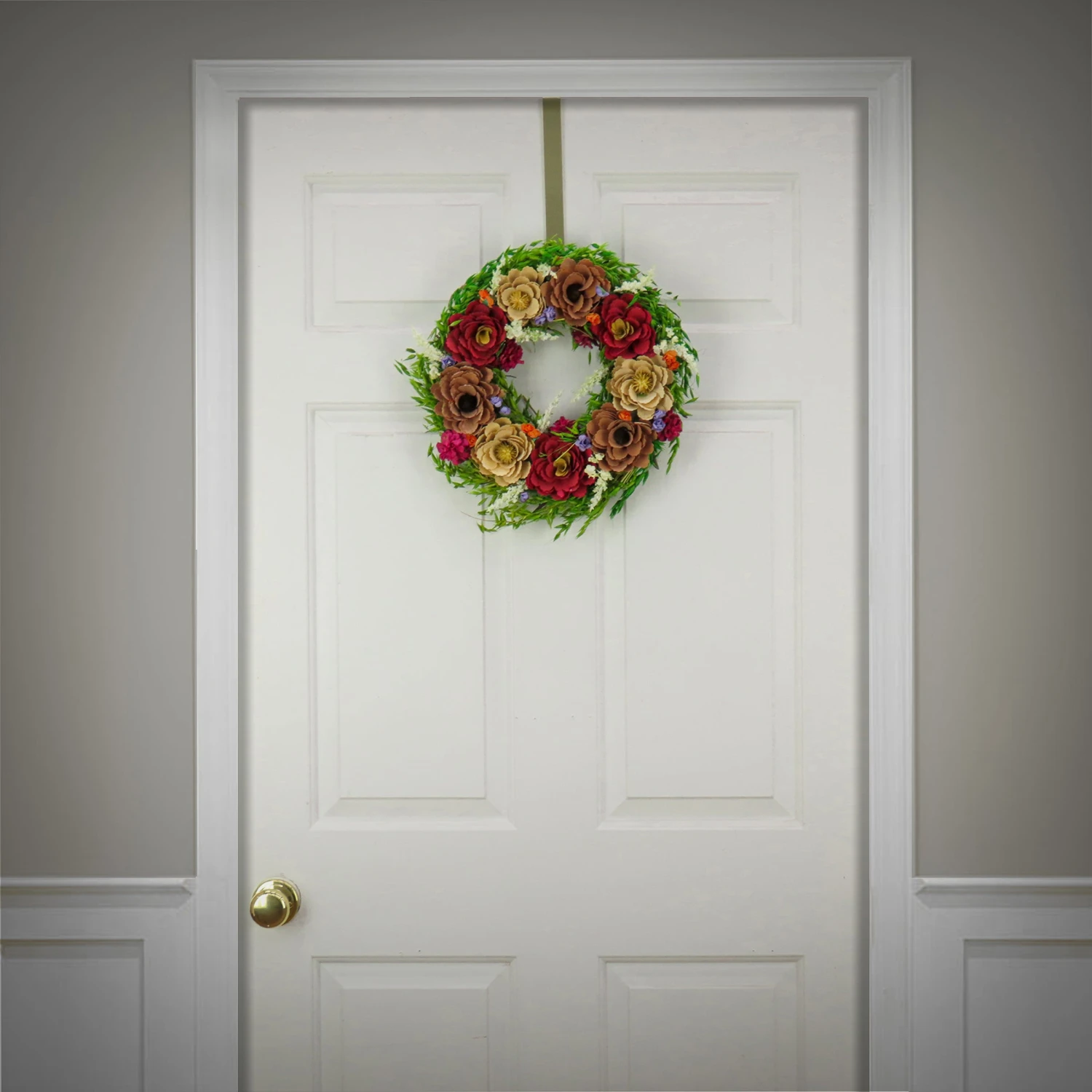 17 In. Spring Wreath With Assorted Spring Flower Blooms, Seed Pods, Flowing Green Stems 2 17 In. Spring Wreath With Assorted Spring Flower Blooms, Seed Pods, Flowing Green Stems - Image 2