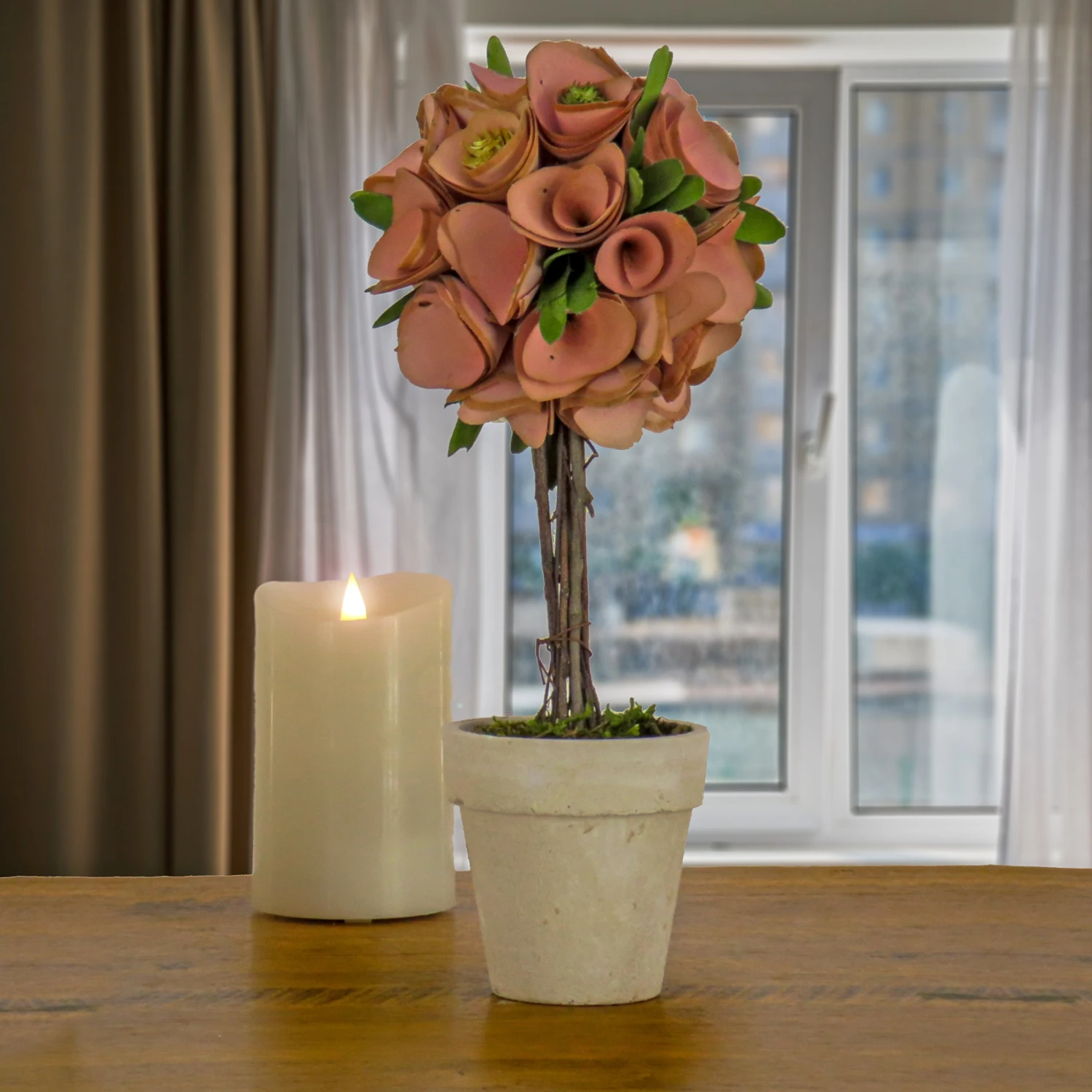 12 In. Spring Topiary With Pink Floral Blooms, White Pot Base 2 12 In. Spring Topiary With Pink Floral Blooms, White Pot Base - Image 2