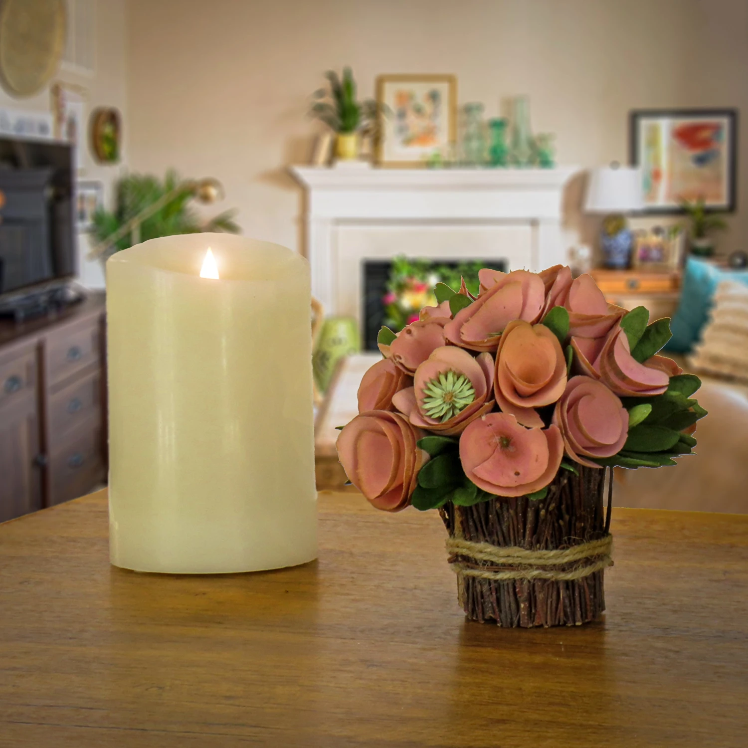 7 In. Spring Floral Bundle With Pink Floral Blooms, Twig Base 2 7 In. Spring Floral Bundle With Pink Floral Blooms, Twig Base - Image 2