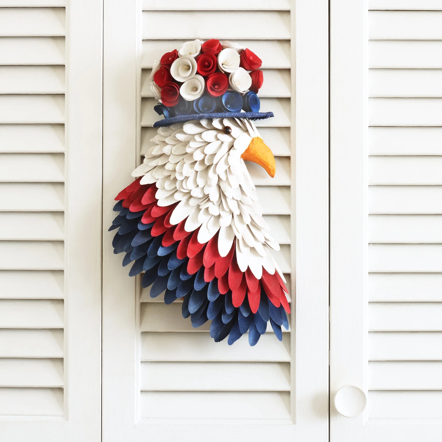 14 In. Patriotic Hanging Eagle Decoration With Red White And Blue Wood Cuts And Flower Blooms 2 14 In. Patriotic Hanging Eagle Decoration With Red White And Blue Wood Cuts And Flower Blooms - Image 2