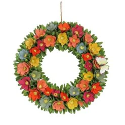 20 In. Spring Wreath With Colorful Assorted Wood Cut Flowers, Flowing Green Leaves