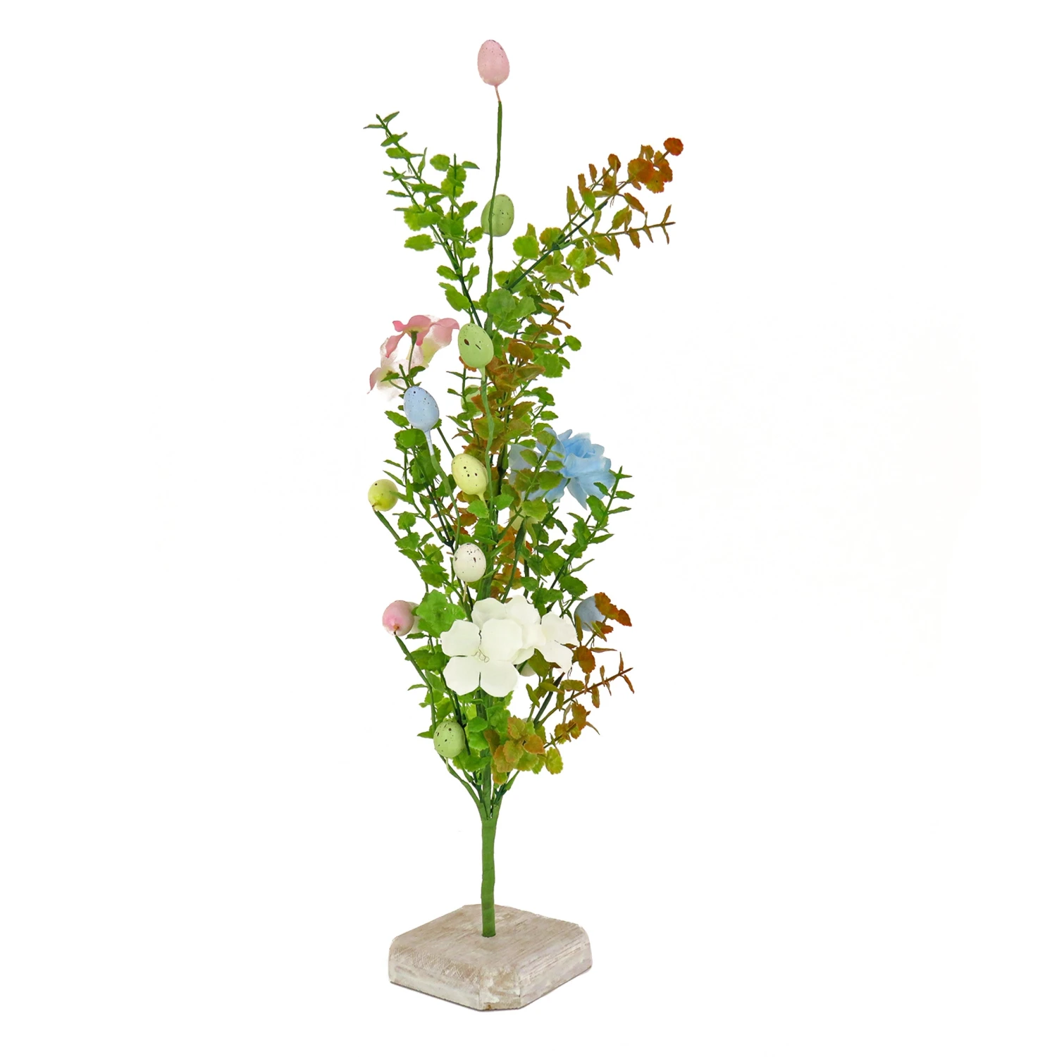 24 In. Easter Decorative Tree Decorated With Pastel Eggs And Flower Blooms, And Wooden Block Base 1 24 In. Easter Decorative Tree Decorated With Pastel Eggs And Flower Blooms, And Wooden Block Base