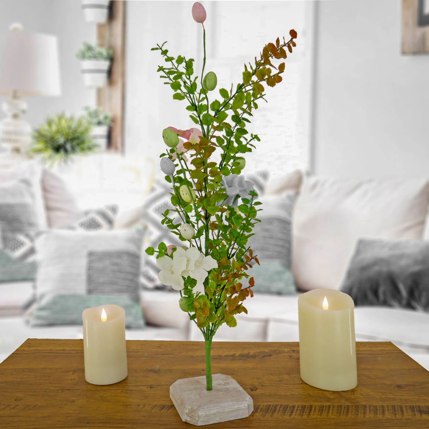 24 In. Easter Decorative Tree Decorated With Pastel Eggs And Flower Blooms, And Wooden Block Base 2 24 In. Easter Decorative Tree Decorated With Pastel Eggs And Flower Blooms, And Wooden Block Base - Image 2