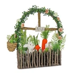 19 In. Easter Window Garden Pane Decoration Decorated With Bunnies, Carrots, Flower Blooms