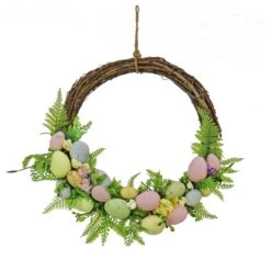16 In. Easter Wreath Decorated With Pastel Eggs, Fern Fronds, Flower Blooms