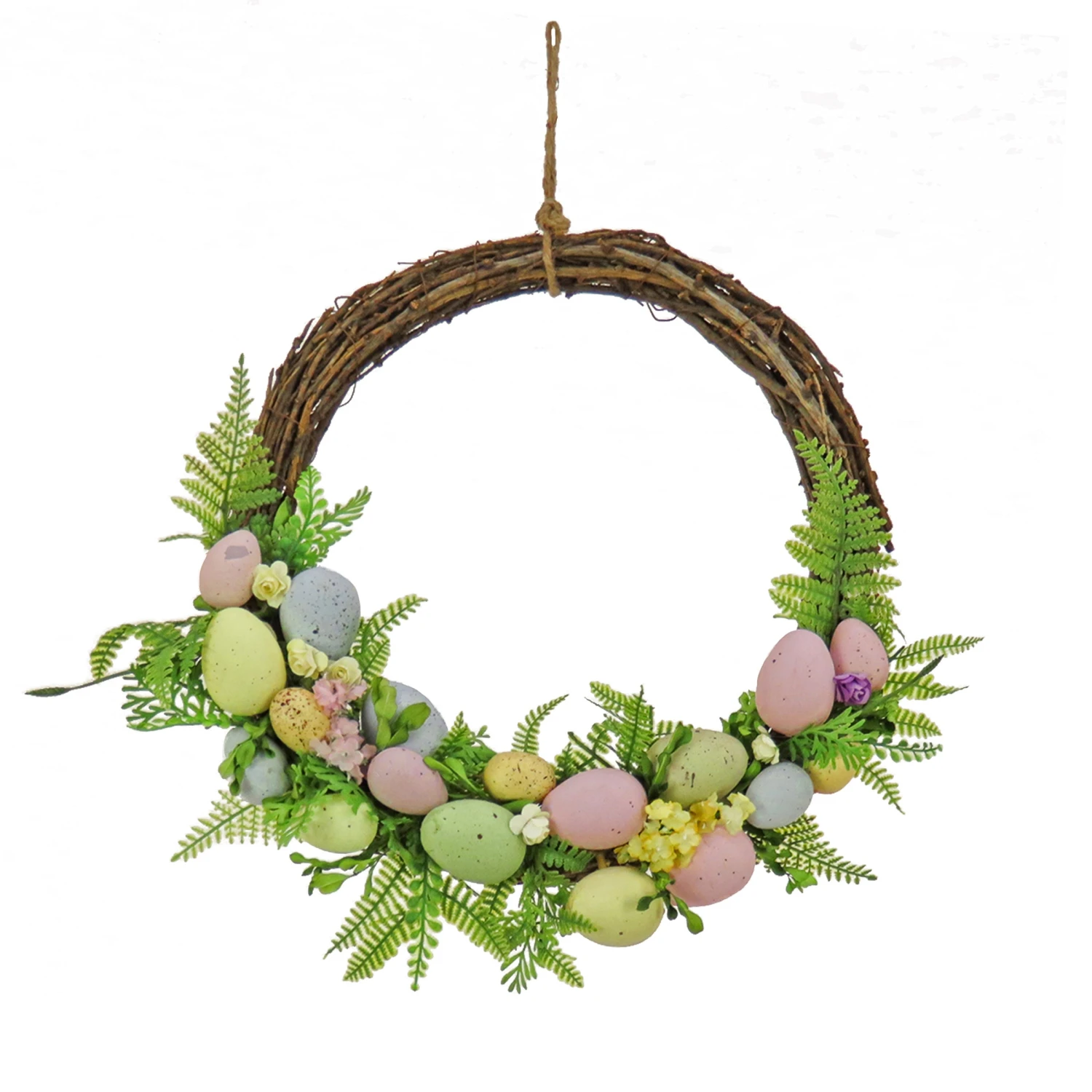 16 In. Easter Wreath Decorated With Pastel Eggs, Fern Fronds, Flower Blooms 1 16 In. Easter Wreath Decorated With Pastel Eggs, Fern Fronds, Flower Blooms
