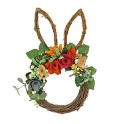 17 In. Easter Bunny Shaped Hanging Wreath Decorated With Colorful Flower Blooms, Berry Clusters, Leafy Greens