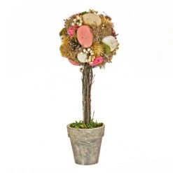 14 In. Easter Single Ball Topiary Potted Plant Decorated With Pastel Eggs