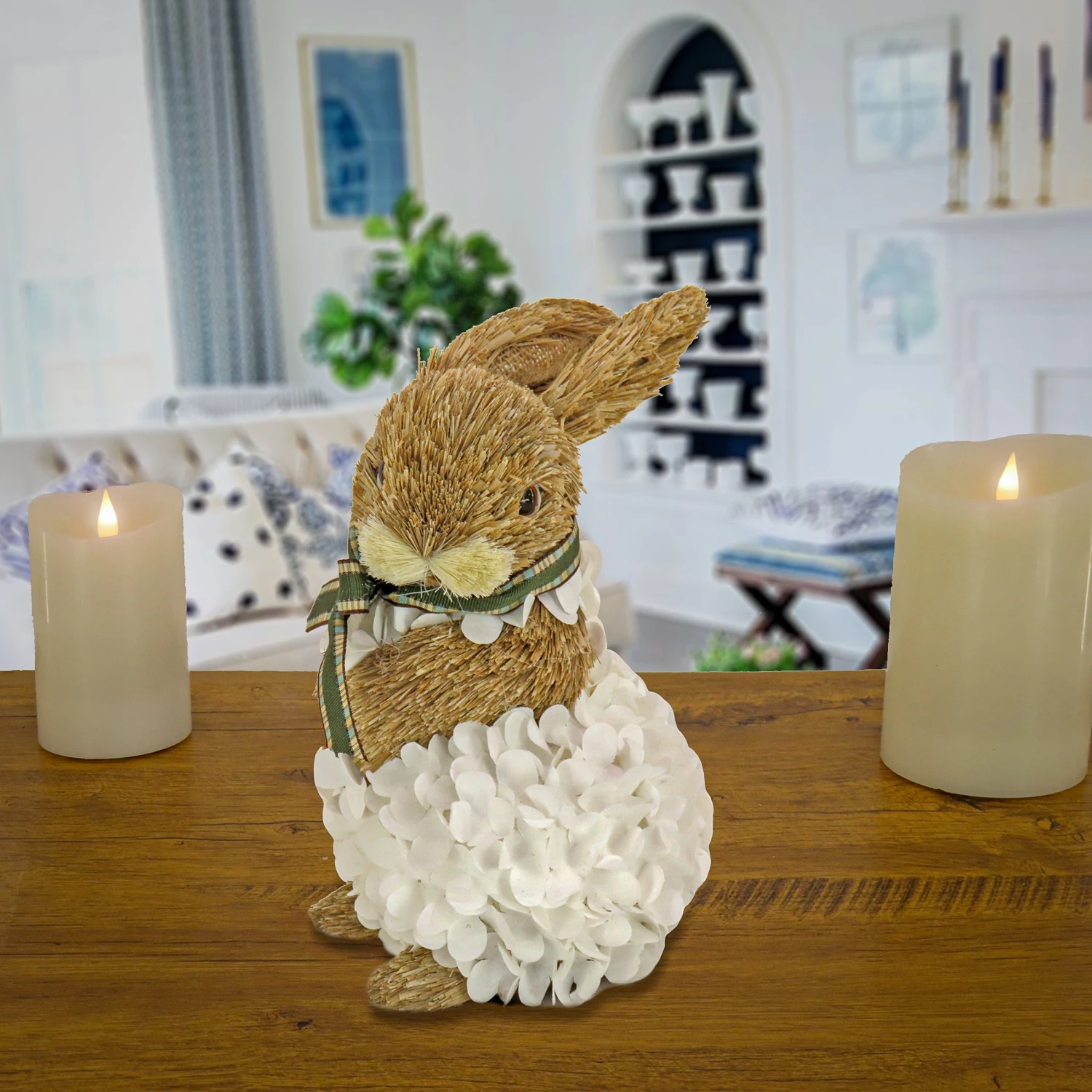 10 In. Easter Bunny Table Decoration Decorated With White Flower Blooms Basket 2 10 In. Easter Bunny Table Decoration Decorated With White Flower Blooms Basket - Image 2