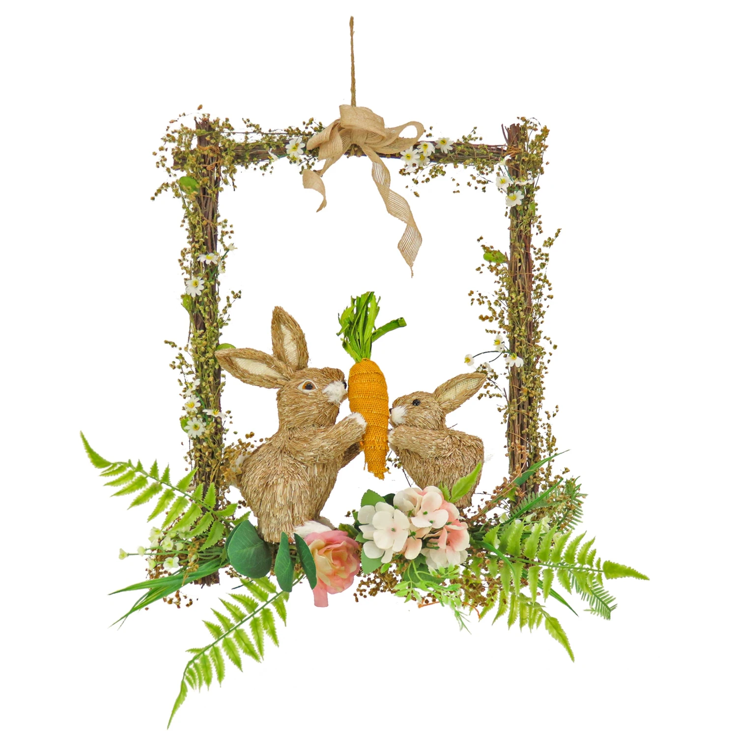 14 In. Easter Bunnies Hanging Wall Decoration Decorated With Two Bunnies, Carrots, Flower Blooms, Leafy Greens 1 14 In. Easter Bunnies Hanging Wall Decoration Decorated With Two Bunnies, Carrots, Flower Blooms, Leafy Greens