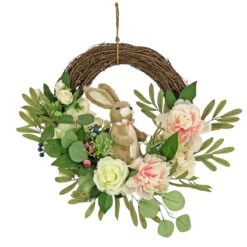 18 In. Easter Wreath Decorated With Pastel Flower Blooms, Bunny, Leafy Greens