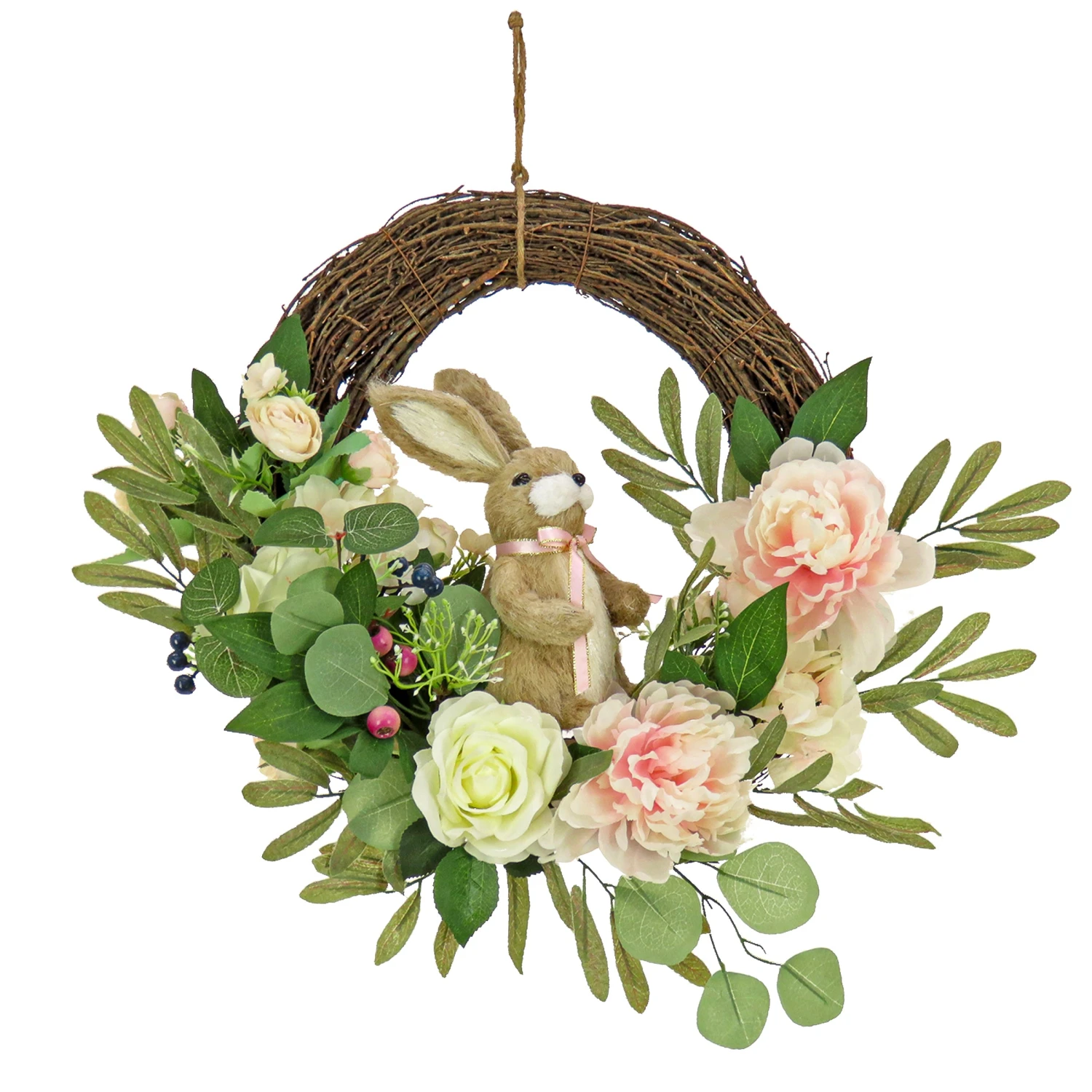 18 In. Easter Wreath Decorated With Pastel Flower Blooms, Bunny, Leafy Greens 1 18 In. Easter Wreath Decorated With Pastel Flower Blooms, Bunny, Leafy Greens
