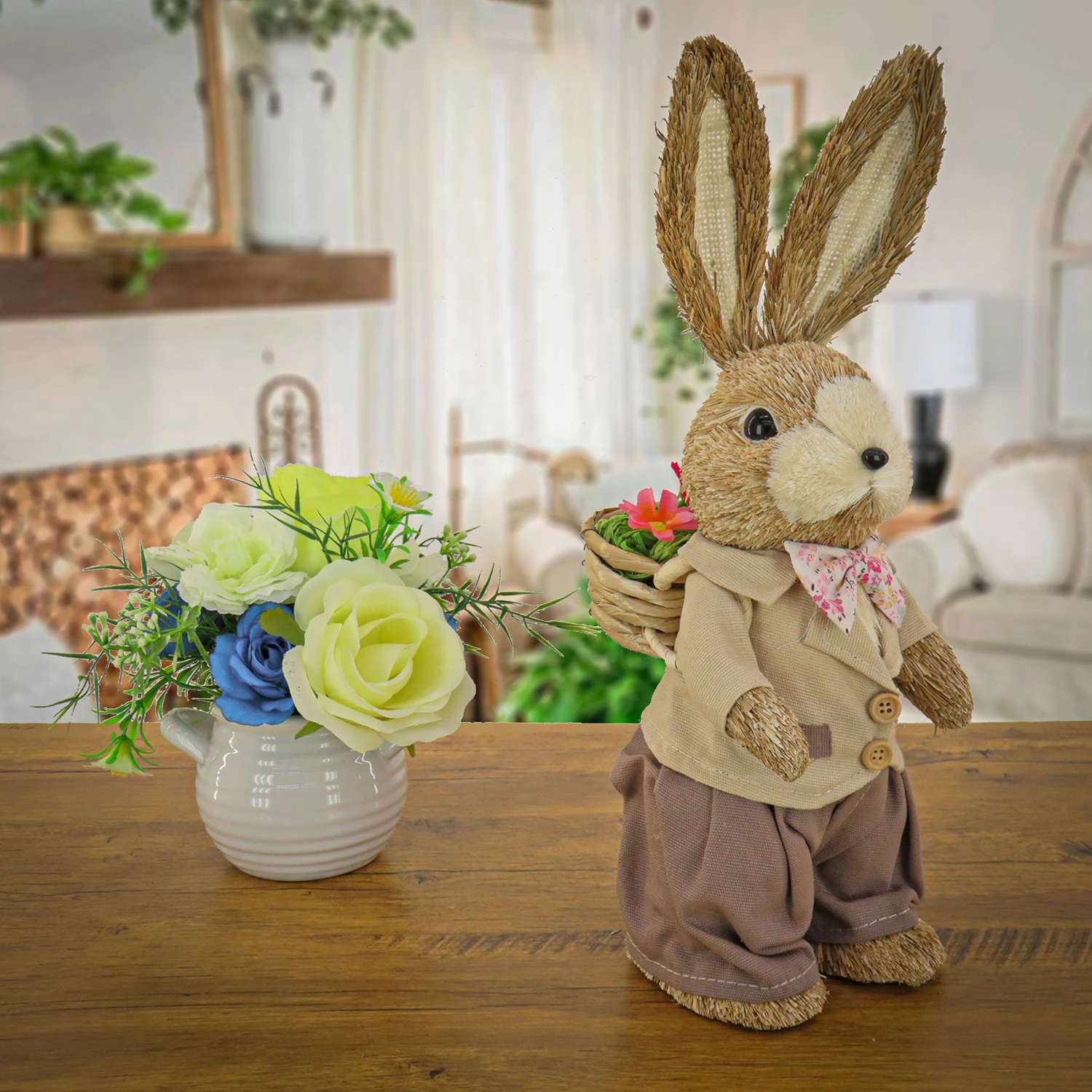 14 In. Dapper Dressed Male Bunny With Floral Bowtie Table Decoration 2 14 In. Dapper Dressed Male Bunny With Floral Bowtie Table Decoration - Image 2
