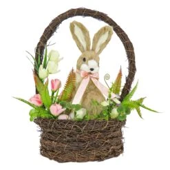 17 In. Easter Bunny Sitting In Basket Of Flowers Table Decoration