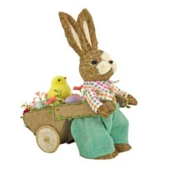 14 In. Easter Bunny Pulling Wagon Table Decoration Decorated With Pastel Eggs And Chick
