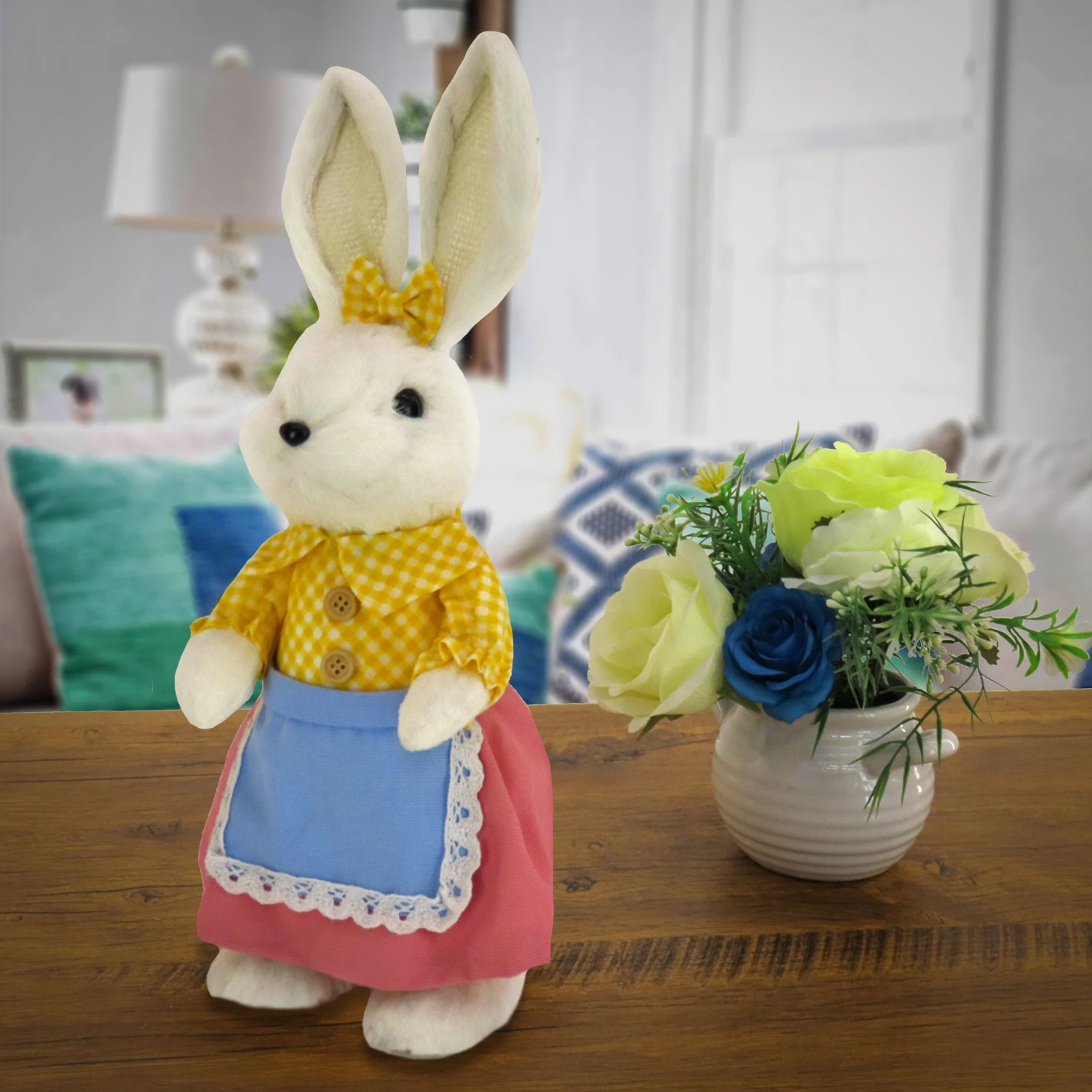 14 In. Fluffy Female Bunny With Yellow, Pink & Blue Dress Table Decoration 2 14 In. Fluffy Female Bunny With Yellow, Pink & Blue Dress Table Decoration - Image 2