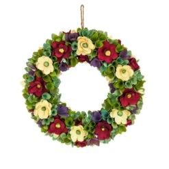 18 In. Spring Wreath With Red And Cream Assorted Wood Cut Flowers, Flowing Green Leaves