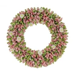 18 In. Spring Wreath With Pink And Green Assorted Wood Cut Flowers, Flowing Green Leaves
