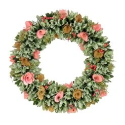 18 In. Spring Wreath With Pink And Brown Assorted Wood Cut Flowers, Flowing Green Leaves