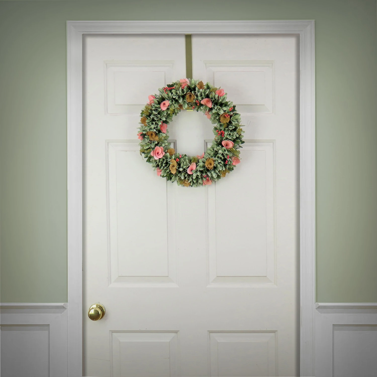 18 In. Spring Wreath With Pink And Brown Assorted Wood Cut Flowers, Flowing Green Leaves 2 18 In. Spring Wreath With Pink And Brown Assorted Wood Cut Flowers, Flowing Green Leaves - Image 2