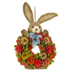 20 In. EasterWreath Decorated With Red, Orange And Green Flower Blooms, Bunny Head And Feet