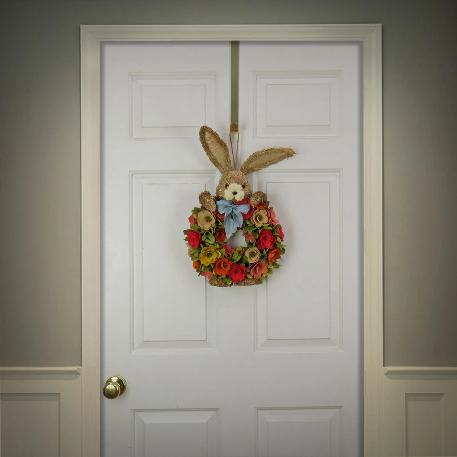 20 In. EasterWreath Decorated With Red, Orange And Green Flower Blooms, Bunny Head And Feet 2 20 In. EasterWreath Decorated With Red, Orange And Green Flower Blooms, Bunny Head And Feet - Image 2