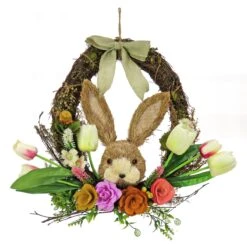 16 In. Easter Wreath Decorated With Multicolor Flower Blooms, Tulips, Leafy Greens, Bunny Head