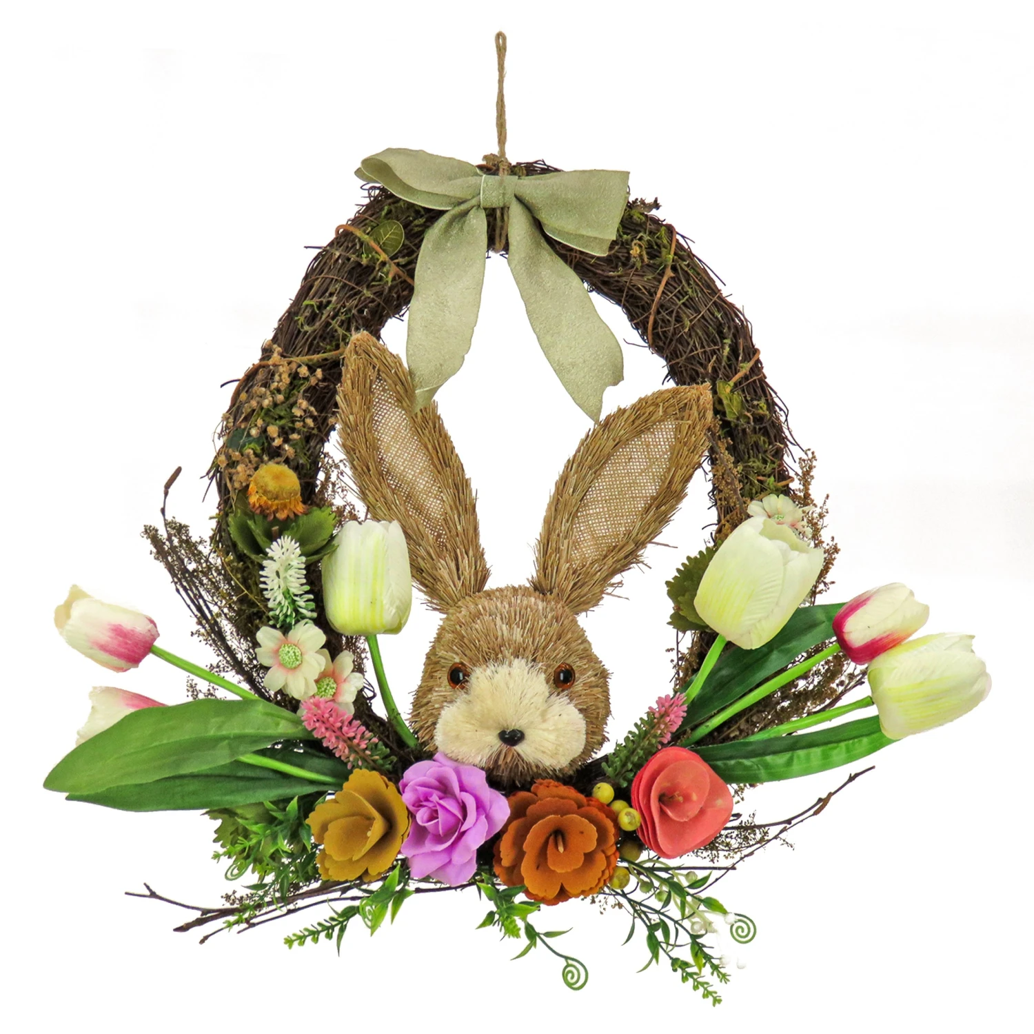 16 In. Easter Wreath Decorated With Multicolor Flower Blooms, Tulips, Leafy Greens, Bunny Head 1 16 In. Easter Wreath Decorated With Multicolor Flower Blooms, Tulips, Leafy Greens, Bunny Head