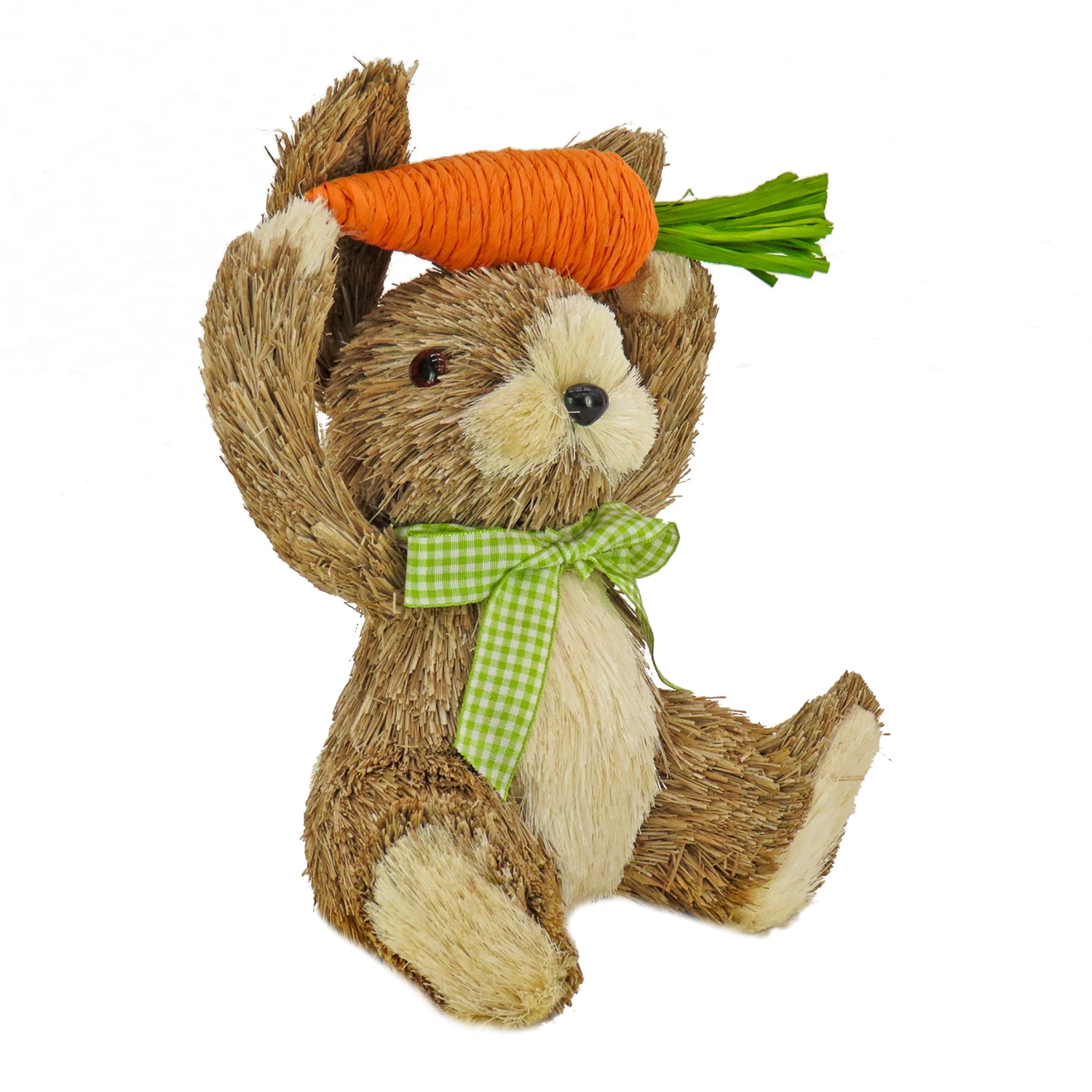9 In. Easter Bunny With Carrot Table Decoration Decorated With Checkered Green Bow 1 9 In. Easter Bunny With Carrot Table Decoration Decorated With Checkered Green Bow
