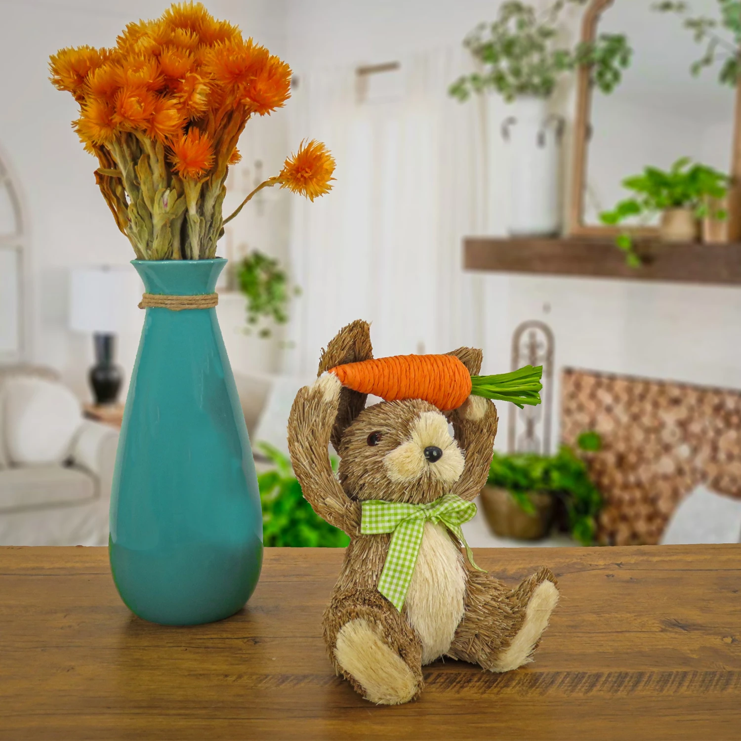 9 In. Easter Bunny With Carrot Table Decoration Decorated With Checkered Green Bow 2 9 In. Easter Bunny With Carrot Table Decoration Decorated With Checkered Green Bow - Image 2