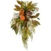 26 In. Wall Flower Swag Fall Decoration With Fern Fronds, Leaves, Pumpkins, Twig Cones