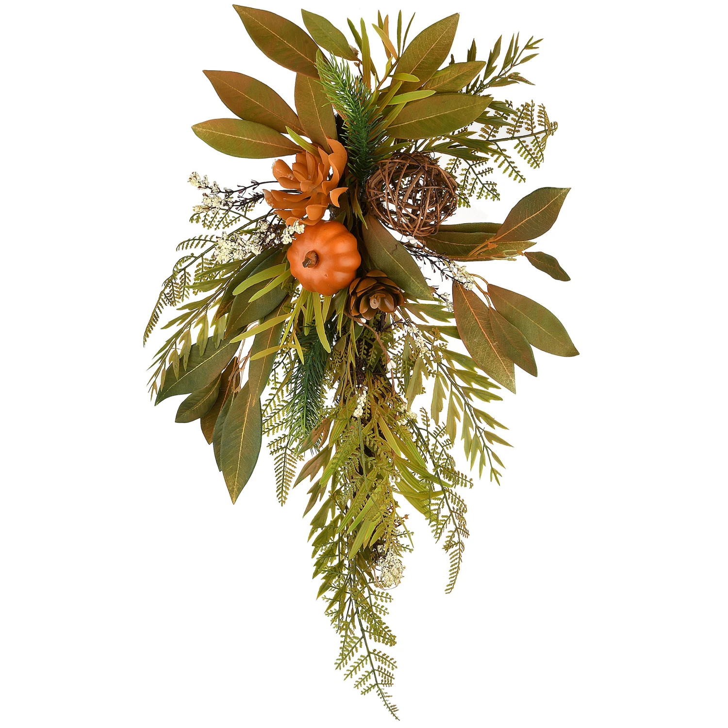 26 In. Wall Flower Swag Fall Decoration With Fern Fronds, Leaves, Pumpkins, Twig Cones 1 26 In. Wall Flower Swag Fall Decoration With Fern Fronds, Leaves, Pumpkins, Twig Cones