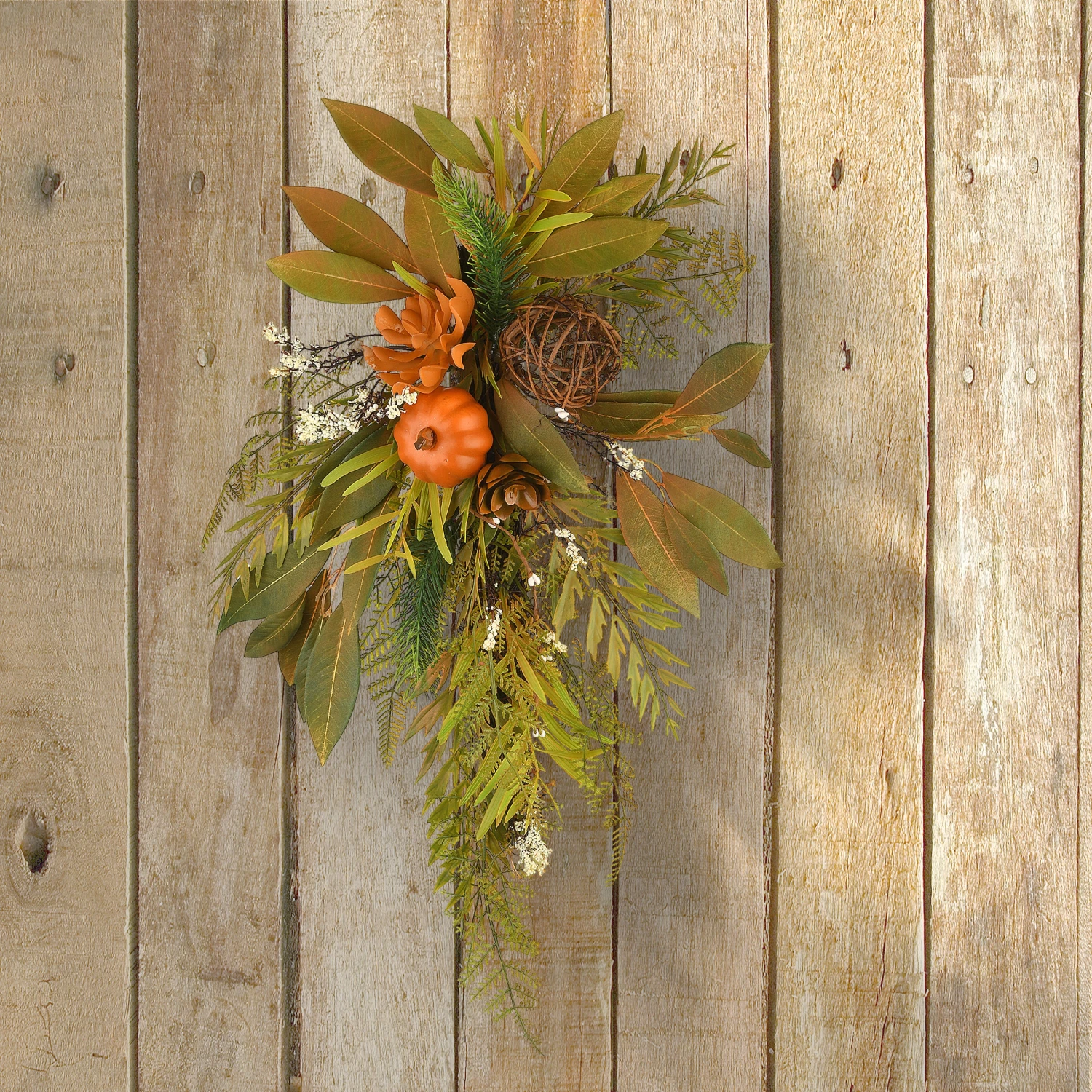 26 In. Wall Flower Swag Fall Decoration With Fern Fronds, Leaves, Pumpkins, Twig Cones 2 26 In. Wall Flower Swag Fall Decoration With Fern Fronds, Leaves, Pumpkins, Twig Cones - Image 2