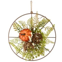13 In. Flower Circle Hanging Fall Decoration With Fern Fronds, Leaves, Pumpkins, Twig Cones