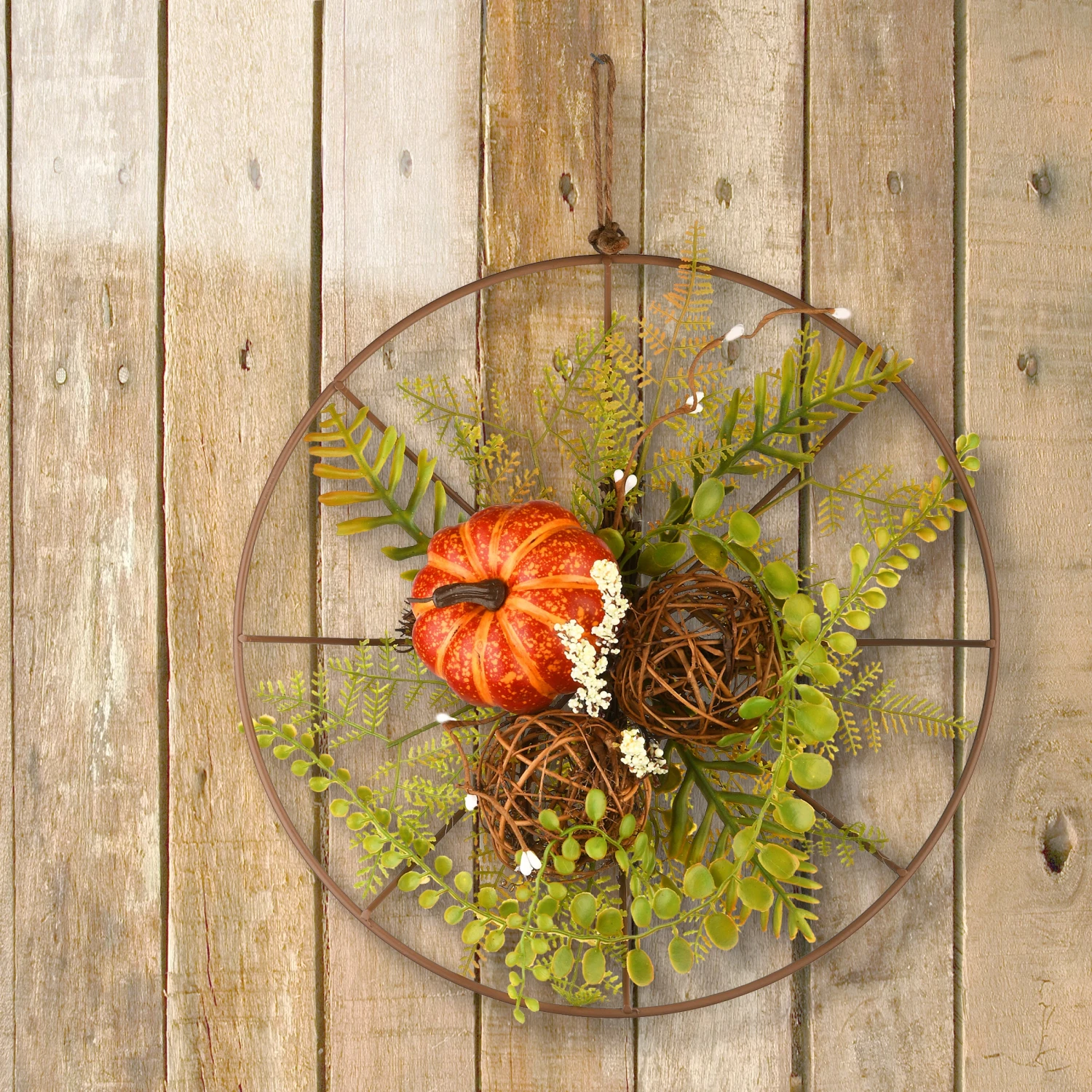 13 In. Flower Circle Hanging Fall Decoration With Fern Fronds, Leaves, Pumpkins, Twig Cones 2 13 In. Flower Circle Hanging Fall Decoration With Fern Fronds, Leaves, Pumpkins, Twig Cones - Image 2
