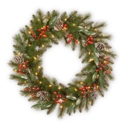 24 In. Pre-Lit Frosted Pine Berry Wreath With LED Lights