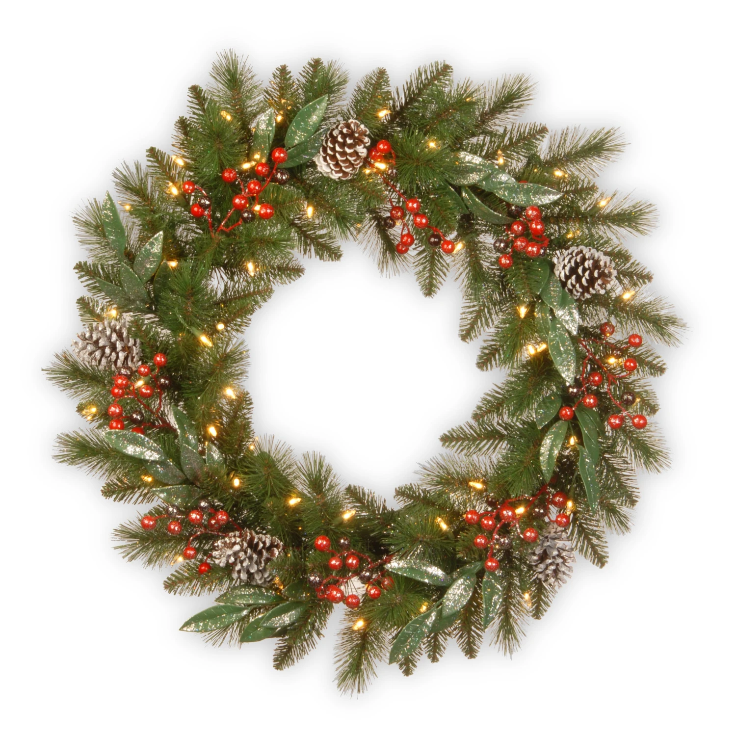 24 In. Pre-Lit Frosted Pine Berry Wreath With LED Lights 1 24 In. Pre-Lit Frosted Pine Berry Wreath With LED Lights