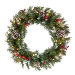 24 In. Pre-Lit Frosted Berry Wreath With Clear Lights, Plug-In