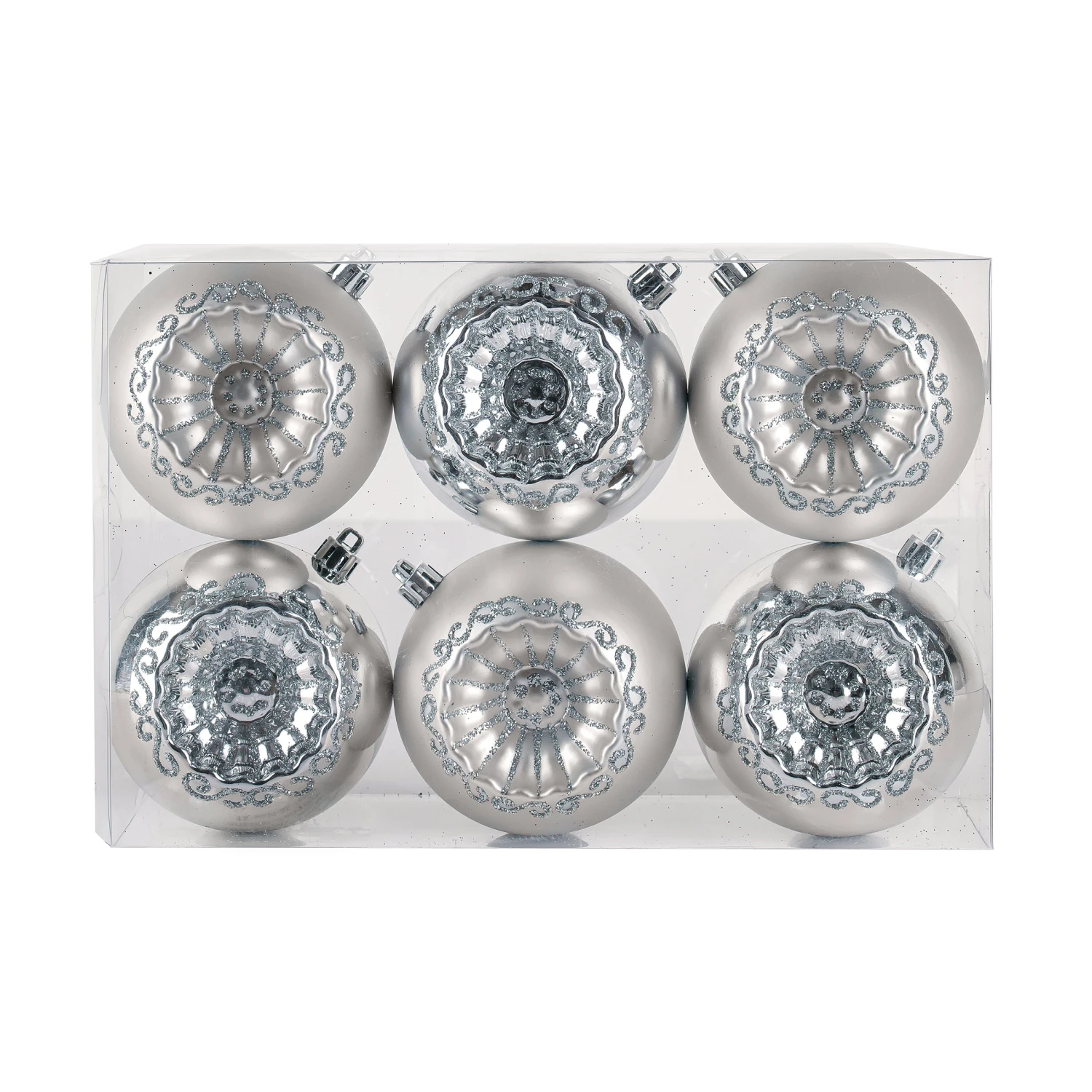 6-Piece Shatterproof Glittering Silver Ornaments 1 6-Piece Shatterproof Glittering Silver Ornaments