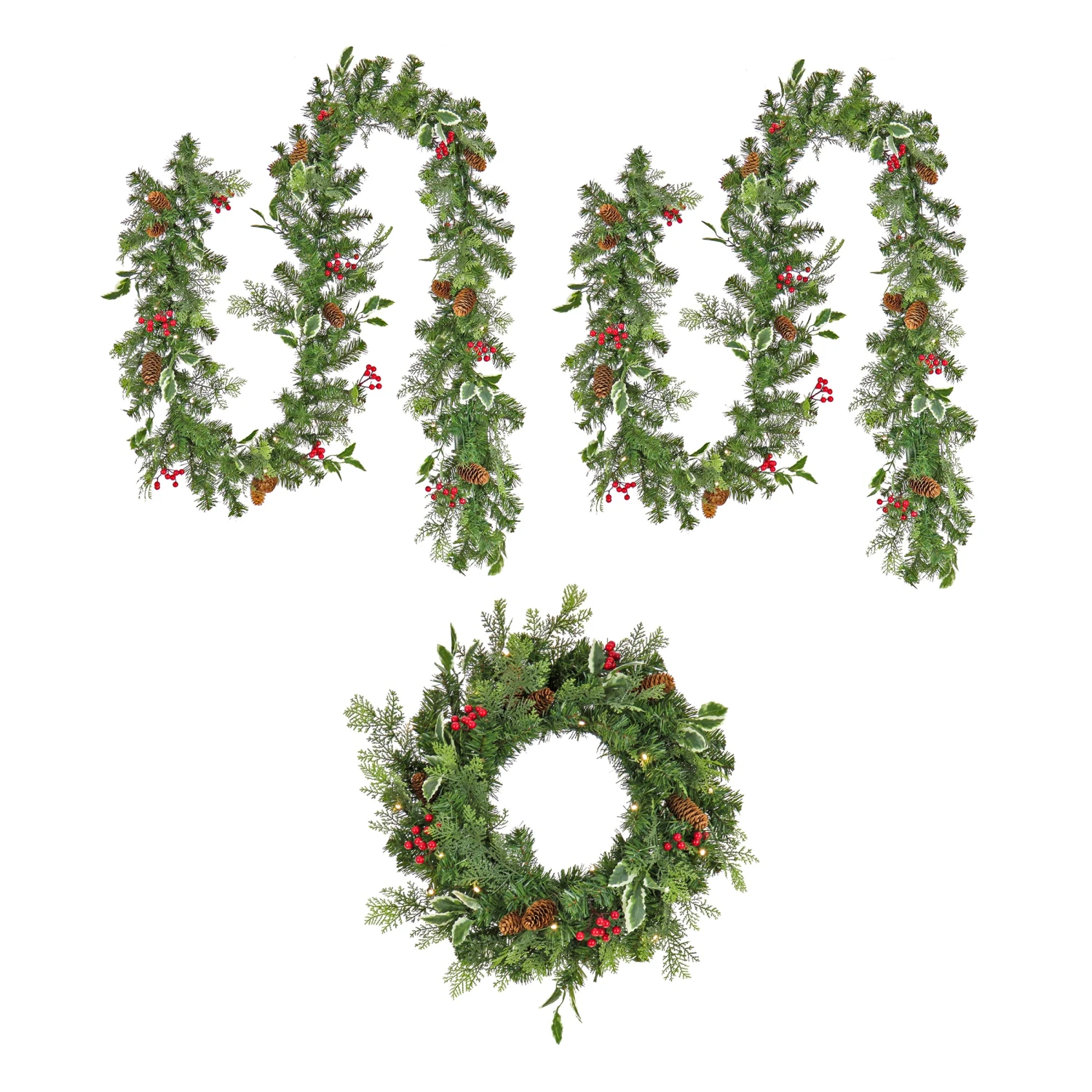 9 Ft. Pre-Lit First Traditions Holly Berry Wreath And Garland Assortment 1 9 Ft. Pre-Lit First Traditions Holly Berry Wreath And Garland Assortment