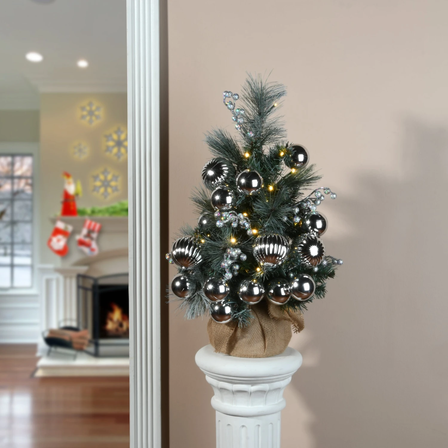 2 Ft. Pre-Lit Frosted Silver Pine Tree With LED Lights 2 2 Ft. Pre-Lit Frosted Silver Pine Tree With LED Lights - Image 2