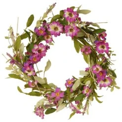 20 In. Spring Wreath With Purple Daisy Blooms, Lavender Flowers, And Leafy Greens