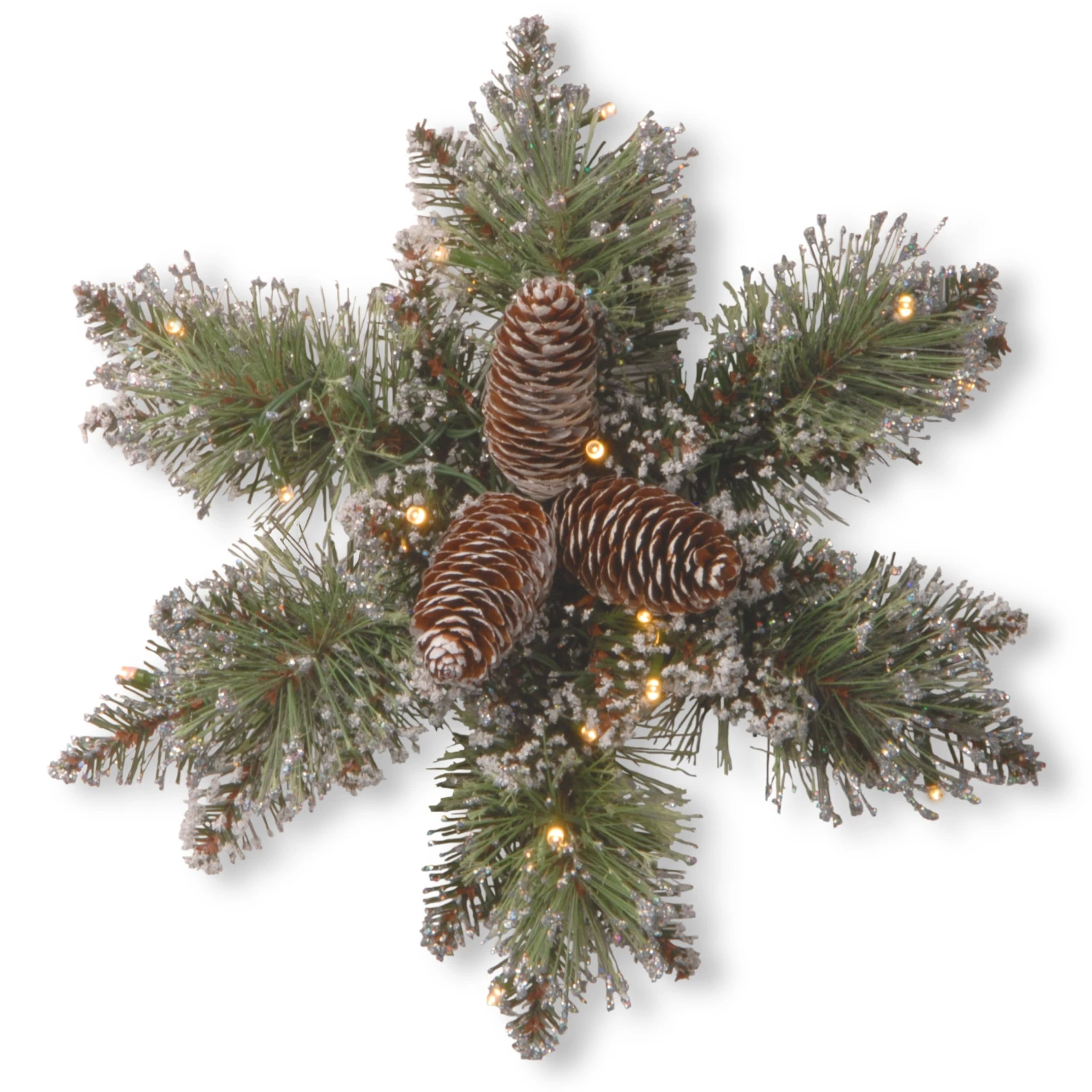 14 In. Pre-Lit Glittery Bristle Pine Snowflake With Warm White LED Lights 1 14 In. Pre-Lit Glittery Bristle Pine Snowflake With Warm White LED Lights